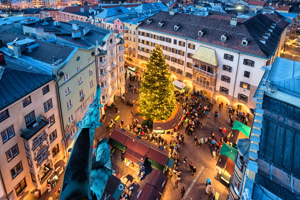 view of the Christmas Market Innsbruck Old Town from the city tower.