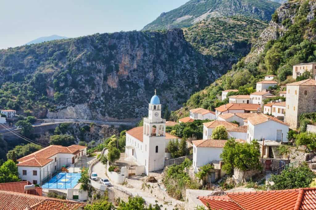 Dhermi Village dangling off the side of the Ceraunian Mountains like a string of pearls.